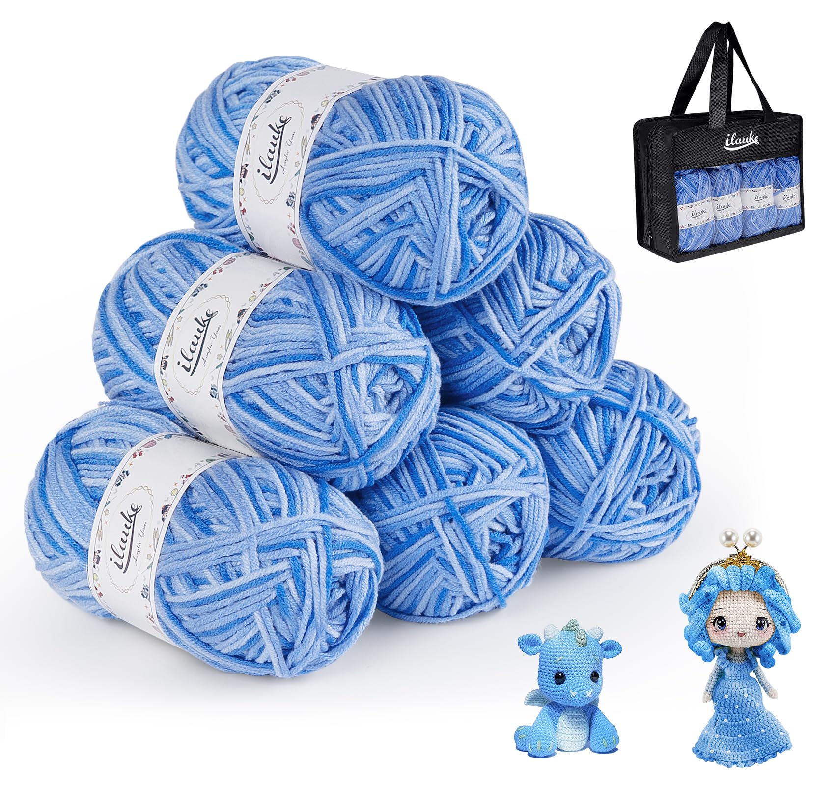 ilauke Wool Yarn for Crochet 6 x 50g, Wool Packs for Knitting, 4-ply Acrylic Yarn Set for DIY Craft Projects Blankets Clothes, Double Knitting Yarn with a Carrying Bag, Blue — image 1