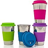 Ryvva Stainless Steel Drinking Cups with Lids & Sleeves - 16 oz Pint Glasses for Cold Drinks & Smoothies - Tumblers for Adults, Kids and Toddlers - Eco-Friendly BPA-Free - 4-Pack