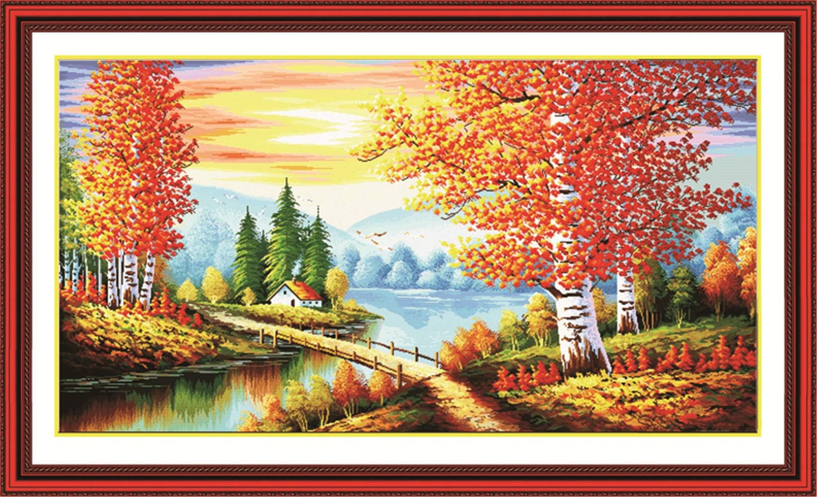 LanMent Autumn Country Maple River Stamped Cross Stitch Pre-Printed Fabric Counted Kits Cross Stitching for Beginner Adults Home Decor Birthday Gift Large 14CT 51.6 x 28.7 inches / 131 × 73 cm
