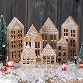 Briwooody 7 Wooden Christmas Village Houses Set, Brown | Gingerbread House Decor, Holiday Tabletop Shelf Display, Winter Ornaments for Home Office Coffee Bar Decor Set