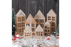 Briwooody 7 Pcs Wooden Christmas Houses Sets Gingerbread House Decor Xmas Village Set Winter Desk Shelf Ornament for Home Office Coffee Bar Mantel Tabletop(Gingerbread Colors)
