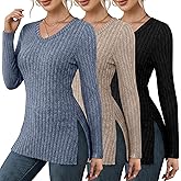 Velvelhall 3 Pack Women's Sweaters V Neck Slim Fit Long Sleeve Sweater Lightweight Knitted Ribbed Tunic Tops with Side Split