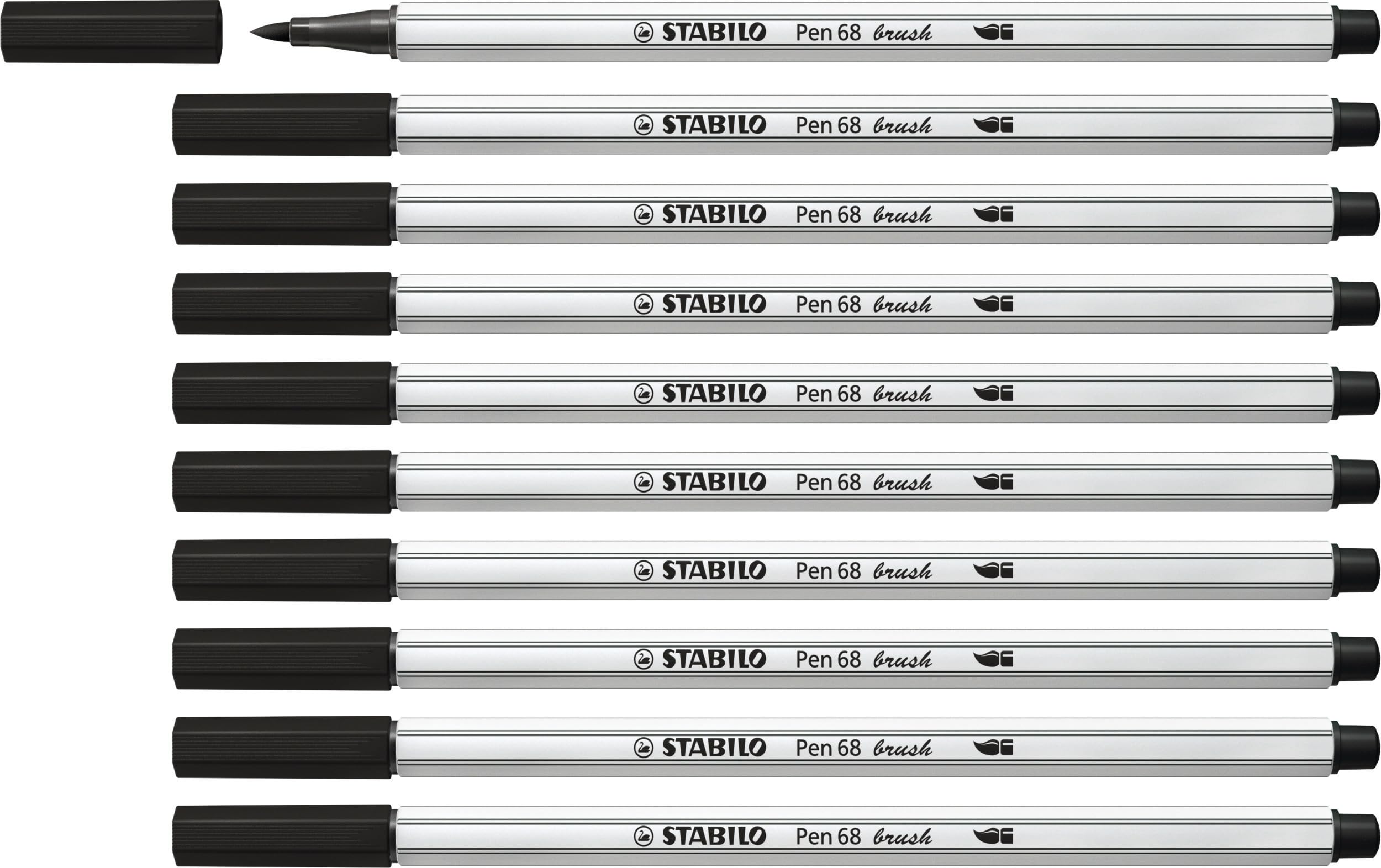 STABILO Pen 68 brush - Premium Fibre-Tip Pen with Brush Tip - Pack of 10 - Black