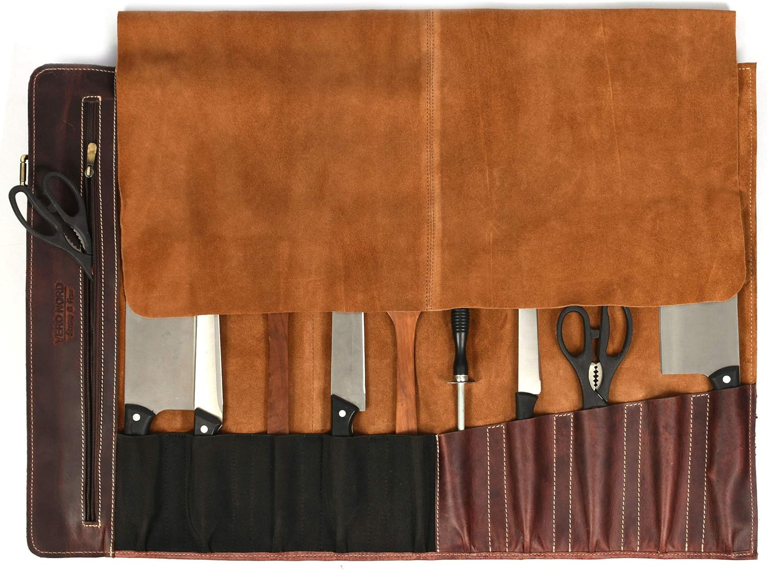 Leather Knife Roll Storage Bag, Elastic and Expandable 10 Pockets, Adjustable/Detachable Shoulder Strap, Travel-Friendly Chef Knife Case (Leather - Light Brown): Kitchen & Dining