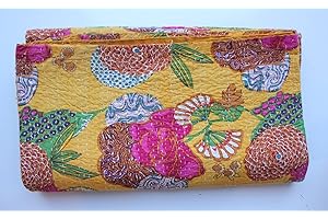 Sophia-Art Twin/King Indian Fruit Reversible Bedspread Pattern Gudri Pure Cotton Kantha Style Quilt Floral Fruit Print Decorative Kantha Stitch Quilt (Yellow, King 90 * 108 Inches)