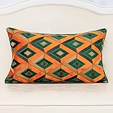 Alerfa Rectangle Pillow Geometric Plaid Embroidery Cut Velvet Cushion Case Luxury Modern Lumbar Throw Pillow Cover Decorative Pillow for Couch Sofa Living Room Bedroom Car 12 x 20 Inch Teal Orange