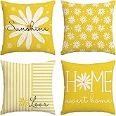 AVOIN colorlife Hello Sunshine Summer Yellow Throw Pillow Covers, 18 x 18 Inch Home Sweet Home Daisy Stripes Cushion Case for Sofa Couch Set of 4