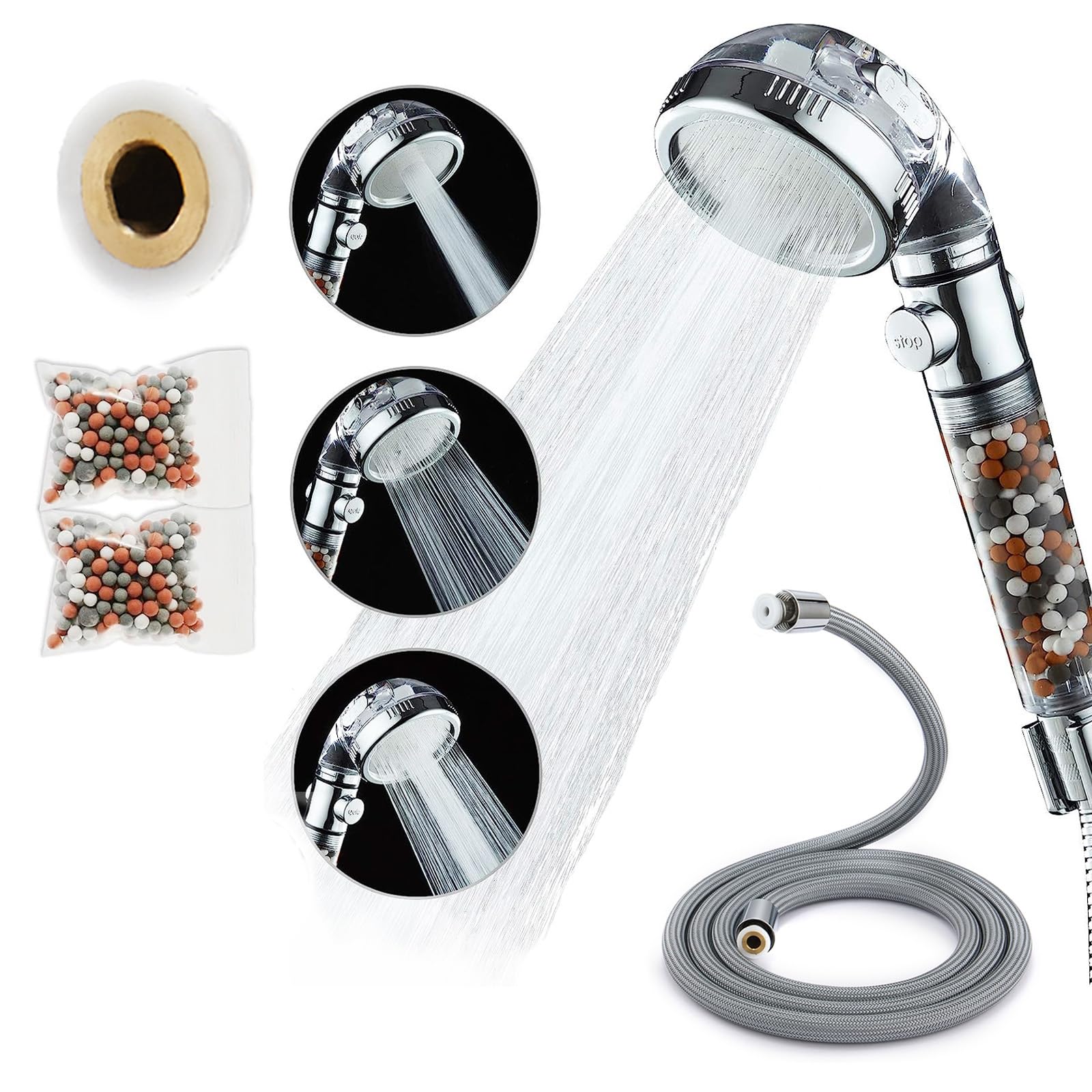 Pimaja Ionic Shower Head with Hose, High Pressure Mineral Shower Head with Beads Filter for Hard Water,4-Mode,Removable to Prevent Blockage,with Hose and Replaceable Mineral Stone Beads