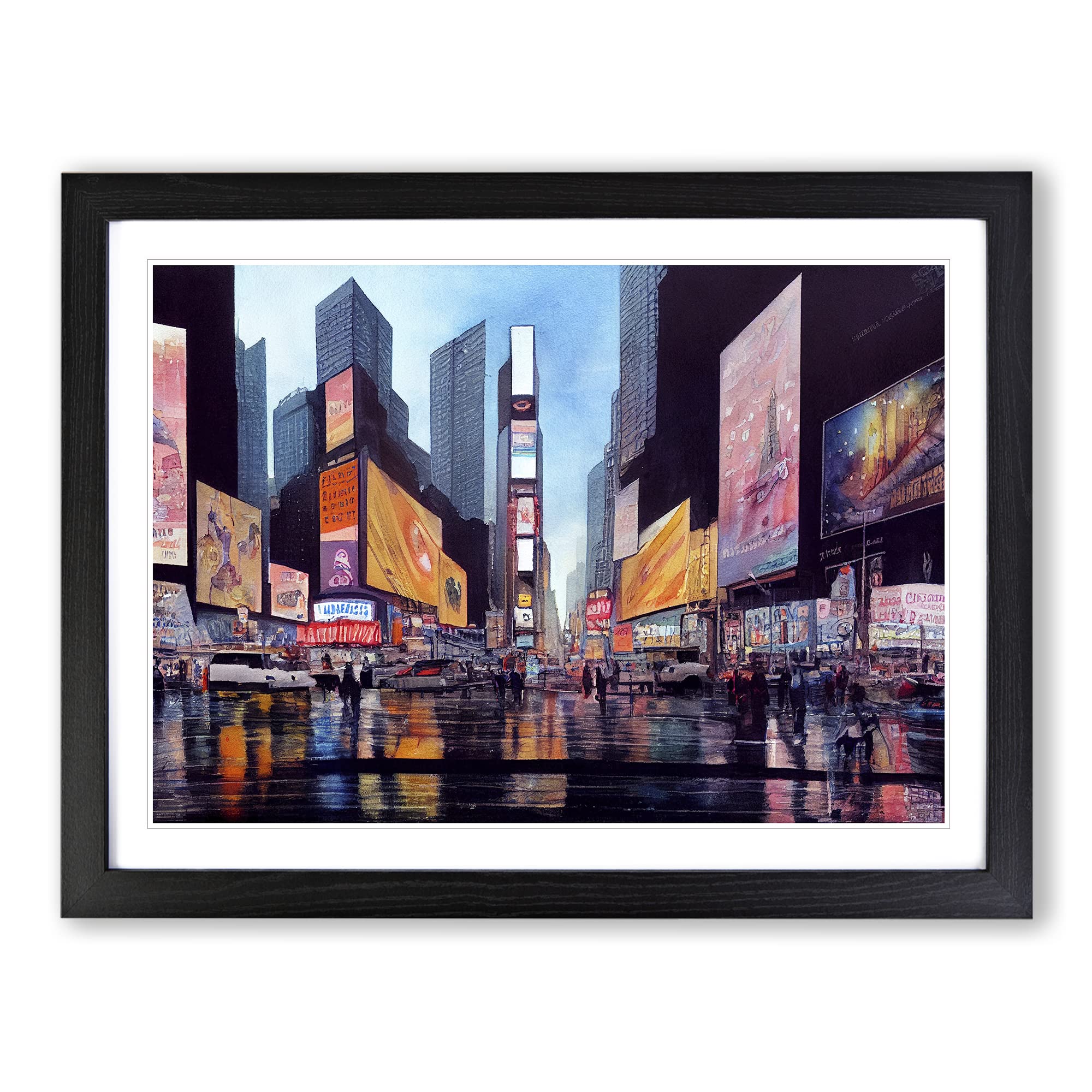Times Square New York Watercolour Vol.1 Framed Print | A4 Black Framed Wall Art | Ready to Hang | Modern Historical Picture | Living Room Bedroom Lounge Office