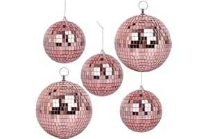 5 Pack Mirror Balls for Disco DJ Club Party Wedding Home Decor, Muscab Disco Ball Ornaments with Hanging Ring, 6 Inch, 4 Inch(Rose Gold)