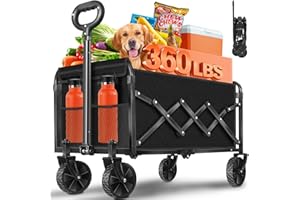 FFQ Wagons Carts Foldable, Collapsible Wagon, Foldable Wagon Cart with Wheels, Folding Wagons for Beach Camp Sports Garden, 2 Cup Holders/Lightweight Portable/Black/360 LBS