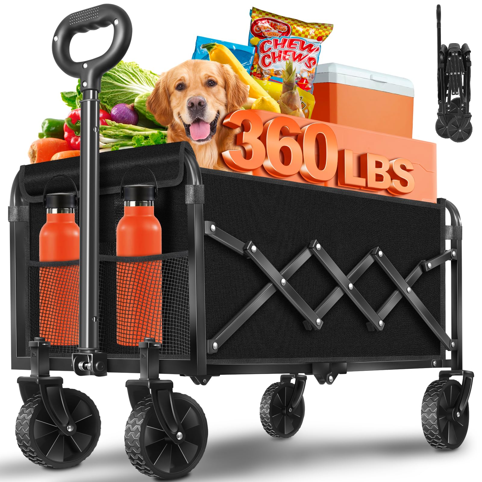 Photo 1 of Wagons Carts Foldable, Collapsible Wagon, Foldable Wagon Cart with Wheels, Folding Wagons for Beach Camp Sports Garden, 2 Cup Holders/Lightweight Portable/Black/360 LBS