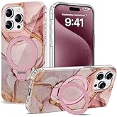 ETPESOK Compatible with iPhone 15 Pro Case Marble Pattern with Magnetic Ring Stand [Compatible with Mag-Safe] TPU Protective Phone Case for iPhone 15 Pro 6.1" for Women, Marble Pink