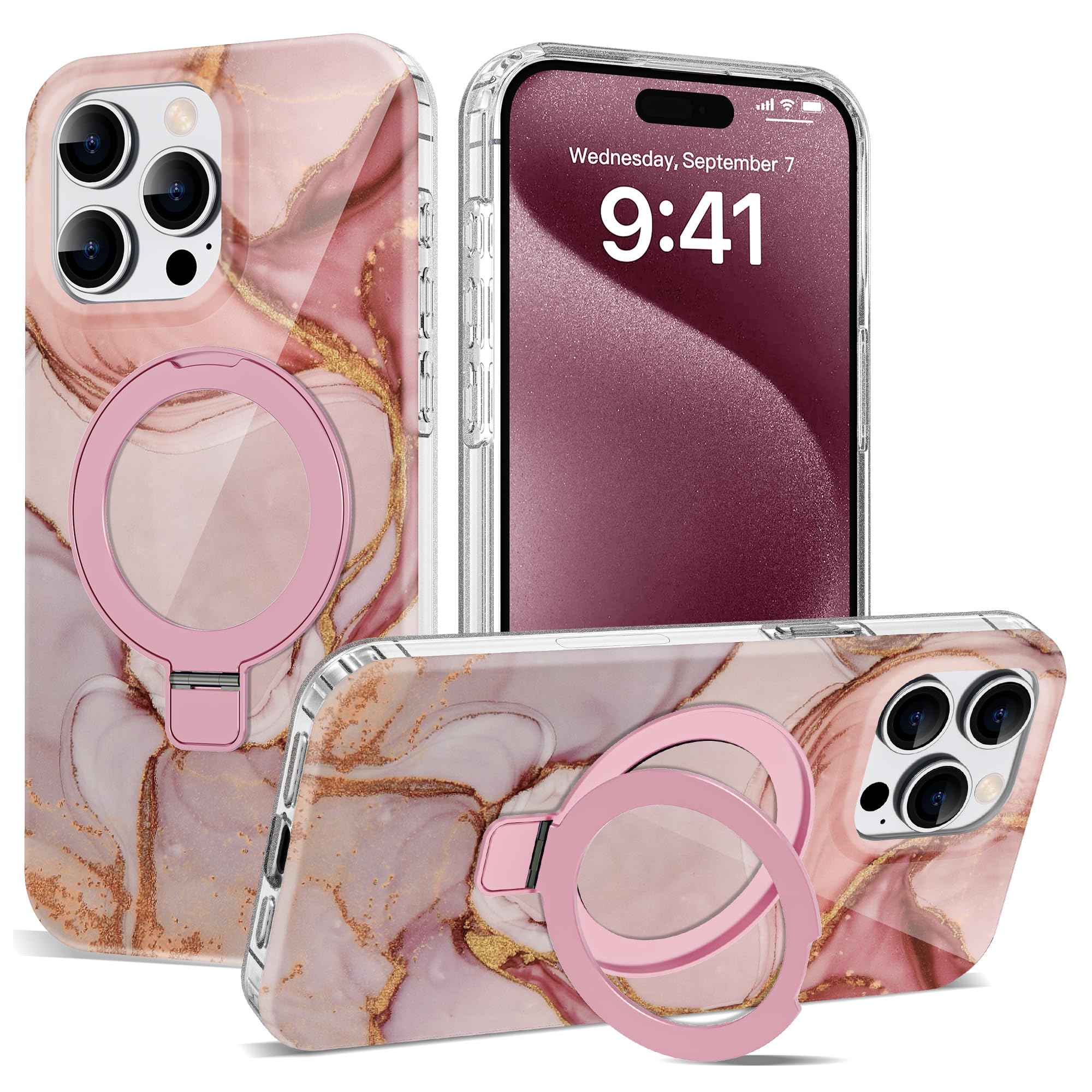 Photo 1 of ETPESOK Compatible with iPhone 15 Pro Case Marble Pattern with Magnetic Ring Stand [Compatible with Mag-Safe] TPU Protective Phone Case for iPhone 15 Pro 6.1" for Women, Marble Pink