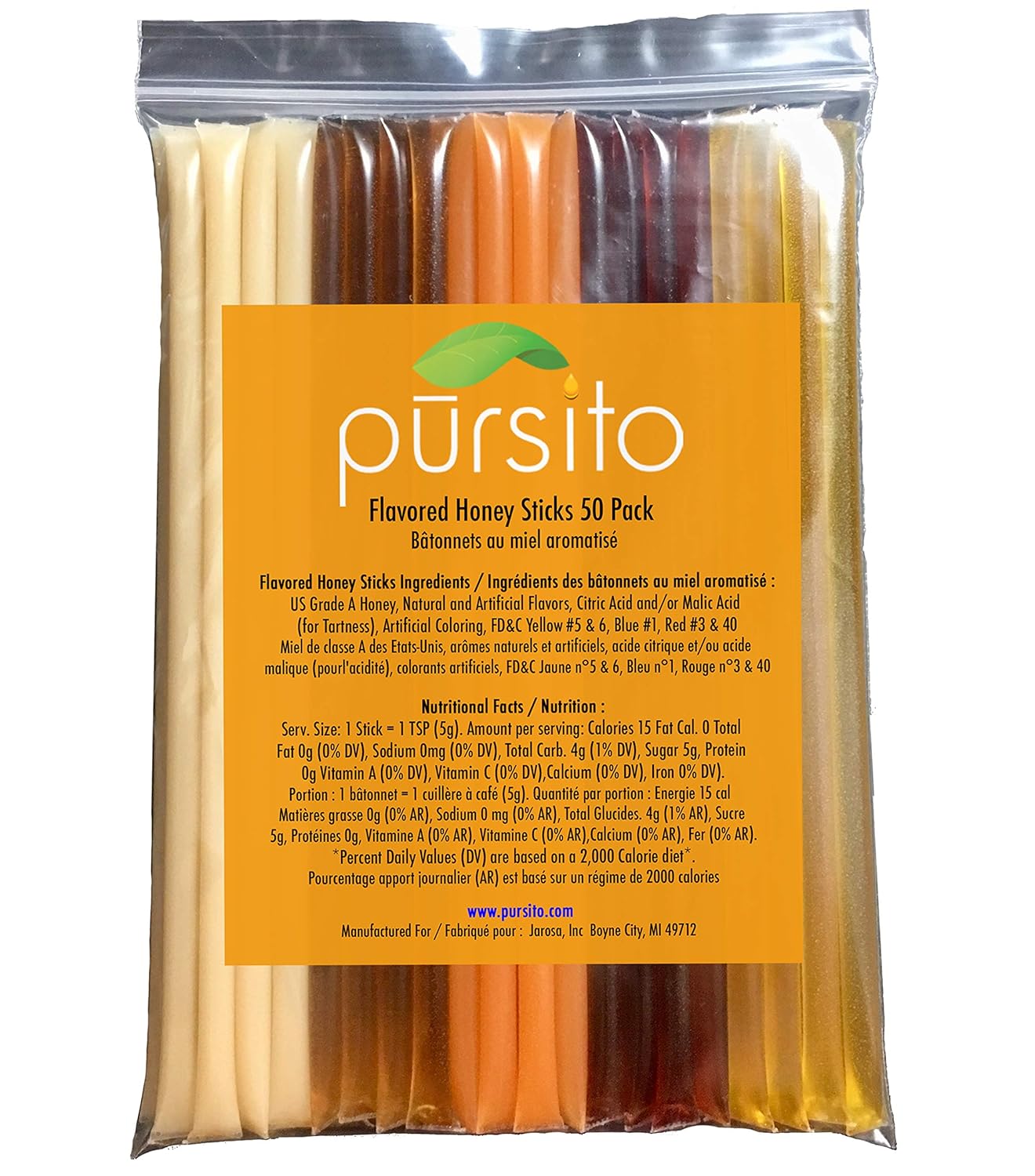 Favorite Flavors Honey Sticks For Tea Variety Pack 50 Count Gift Box (10 ea. Flavor Lemon, Peach, Pina Colada, Raspberry & Wildflower) Pursito Brand Honeystix
