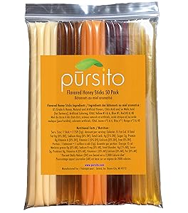 Favorite Flavors Honey Sticks For Tea Variety Pack 50 Count Gift Box (10 ea. Flavor Lemon, Peach, Pina Colada, Raspberry & Wildflower) Pursito Brand Honeystix