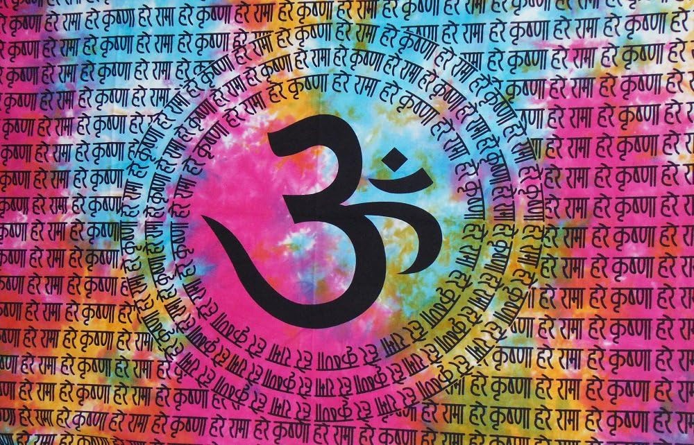 Heyrumbh Handicrafts Bohemian Tie Dye Om Hare Rama Hare Krishna Small Tapestry Printed Wall Hanging Cotton Poster (Multi, 40 X 30 Inches)