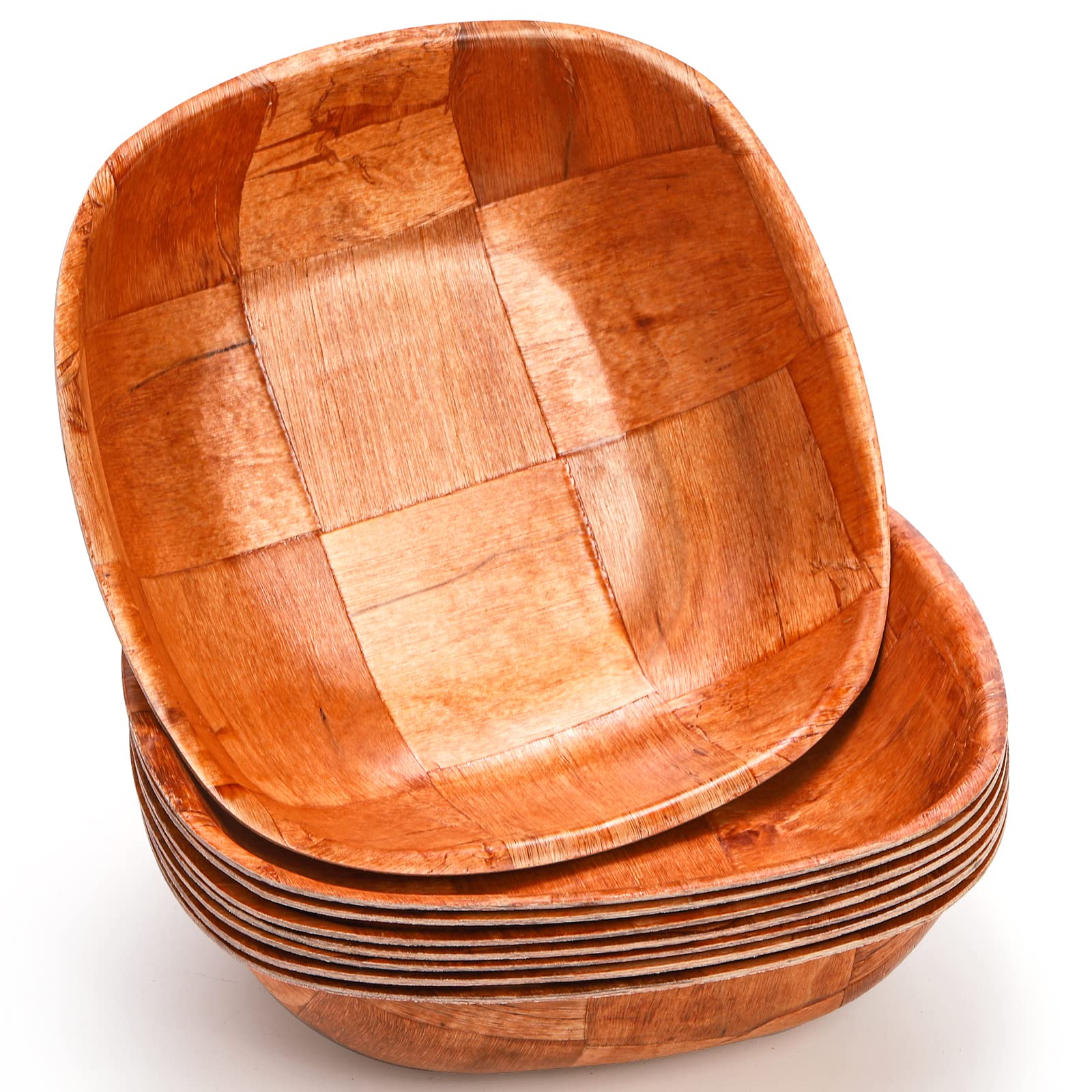 Photo 1 of Elsjoy 8 Pack 8 Inch Wooden Woven Salad Bowl, Reusable Square Serving Bowl Woven Wood Mixing Bowl Set, Unbreakable Snack Bowls for Salad, Fruits, Snacks