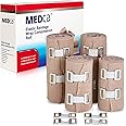 Elastic Compression Bandage Wrap - Premium Quality (Set of 4) w/ Hooks, Athletic Sport Support Tape Rolls for Ankle, Wrist, Arm, Leg Sprains First Aid Bandages Measure (2)- 4" x 5 Ft (2)- 3" x 5 Ft