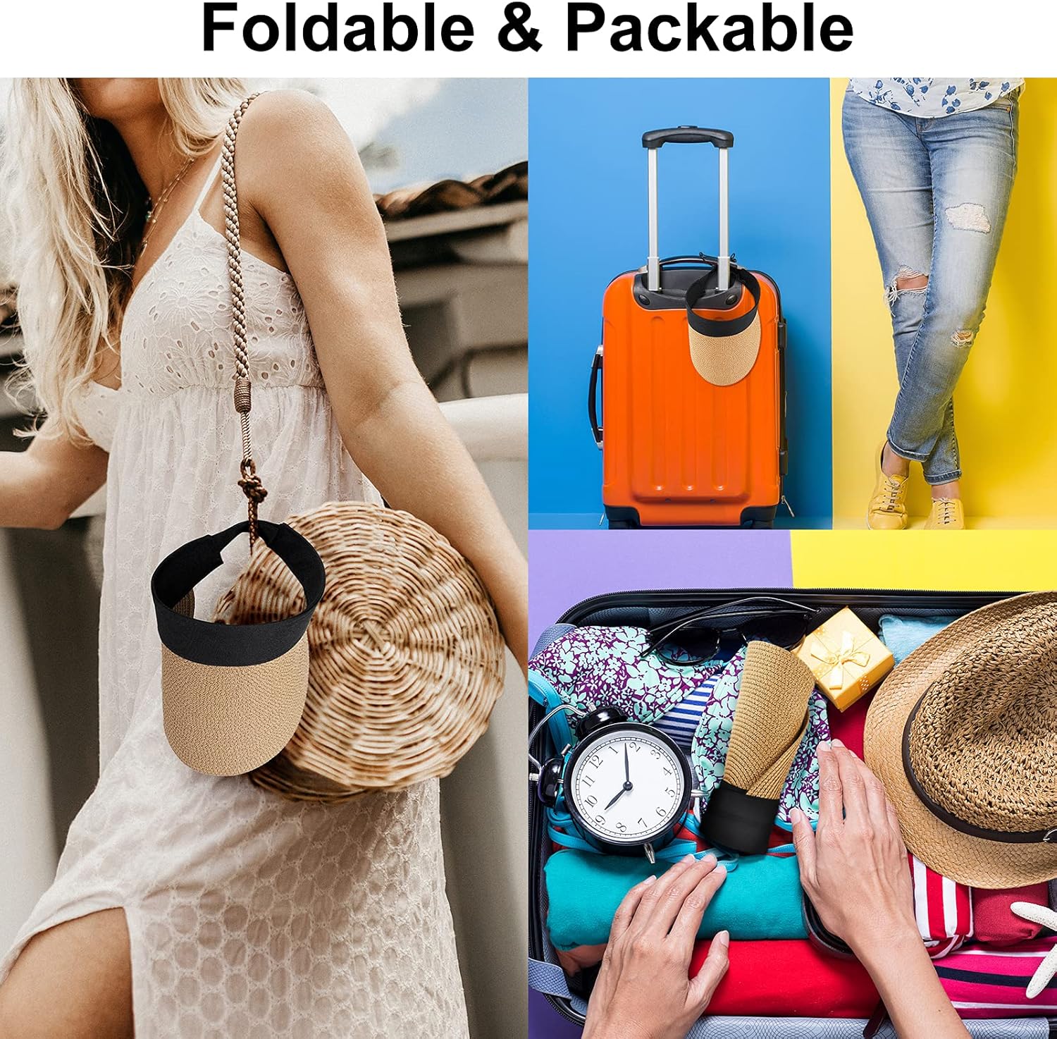 Women Visor Hats Wide Brim Straw Sun Caps Foldable Summer UV Protection Beach Hat Adjustable Roll-Up Golf Sports Cap Khaki: Clothing