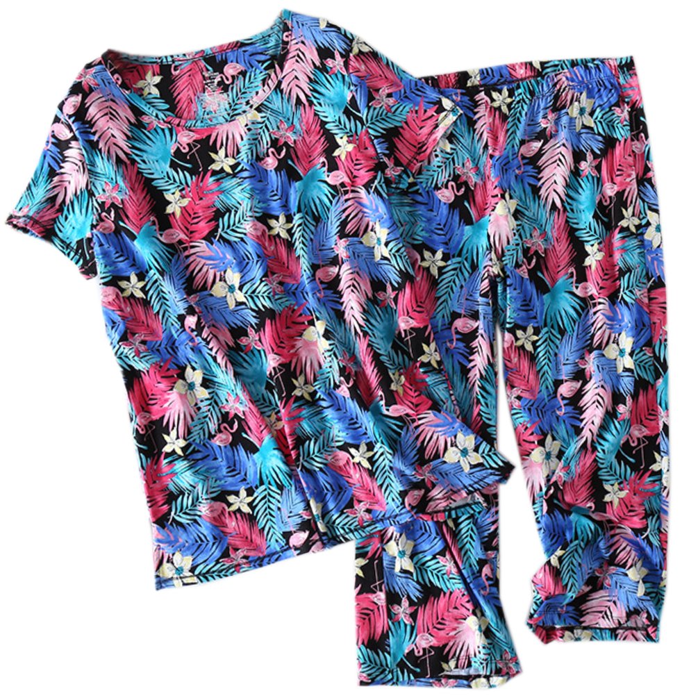 ENJOYNIGHT Women\'s Print Tee Sleepwear and Shorts Nightgown Pajama Set (Large, colorful Feather Set)