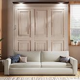 Queen Murphy Bed with Couch and LED Lighting,Solid Wood Folding Murphy Wall Bed Cabinet with Sofa