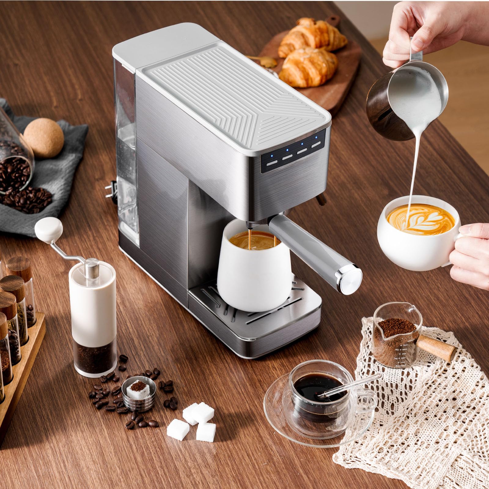 Espresso Machine with Milk Frother, Stainless Steel Espresso Maker, Cappuccino Latte Machine with 41oz Removable Water Tank, Cup Warmer, Easy to Clean Coffee Machine for Home Apartment