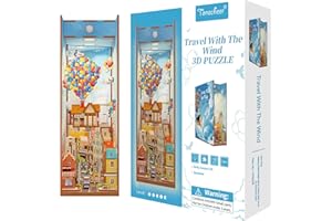 Tonecheer DIY Book Nook Kit for Adults,3D Wooden Puzzle Bookend Bookshelf Insert Library Decor, Booknook Miniature House Kit with Body Motion Sensor LED Light (Travel with The Wind)