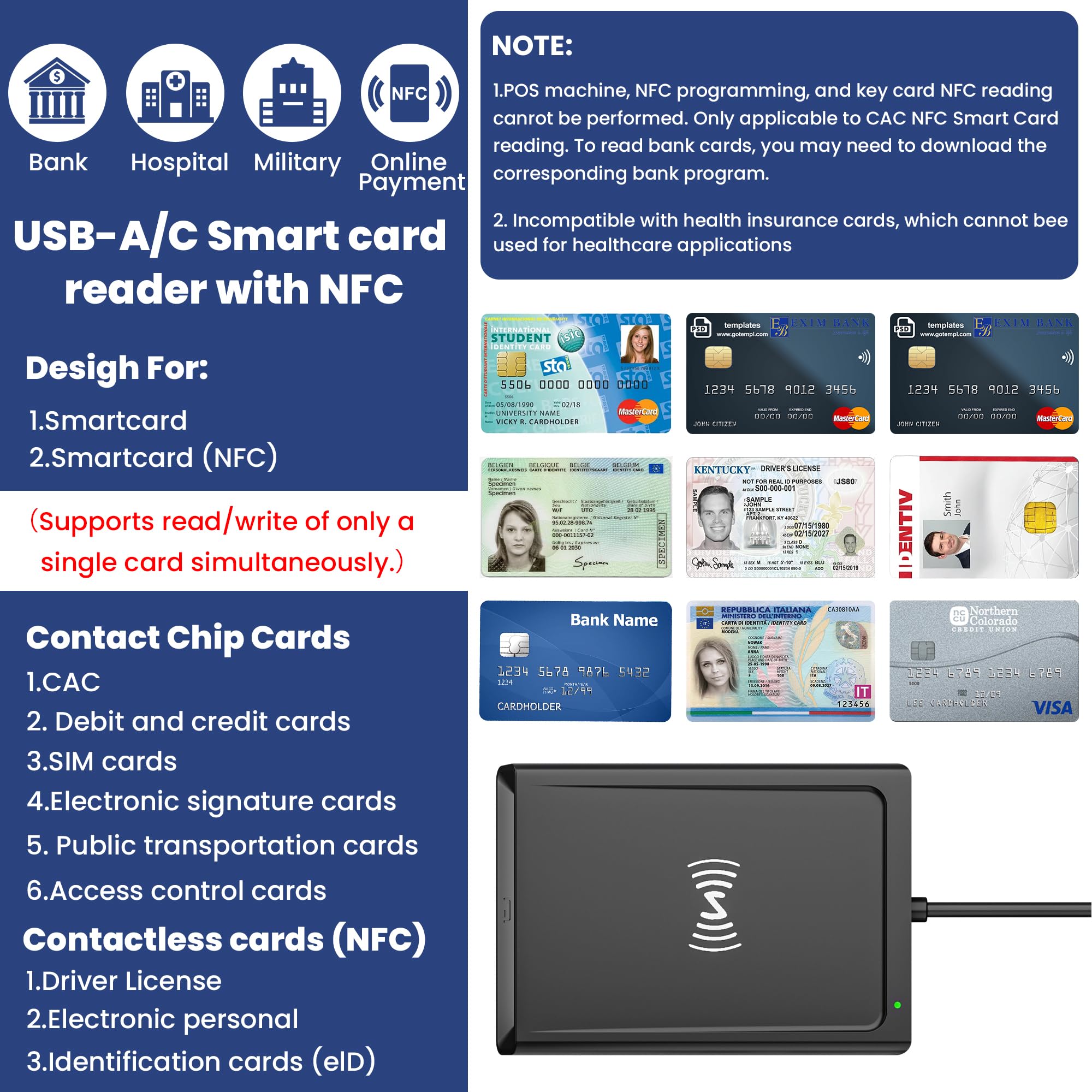 USB‑A & USB‑C Chipkartenleser mit NFC, SmartCard Reader DOD Military Kartenlesegerät für den Neuen Personalausweis, Bankkarten, kompatibel mit Windows, macOS, Linux, Android & PC – 95 cm Kabel 3