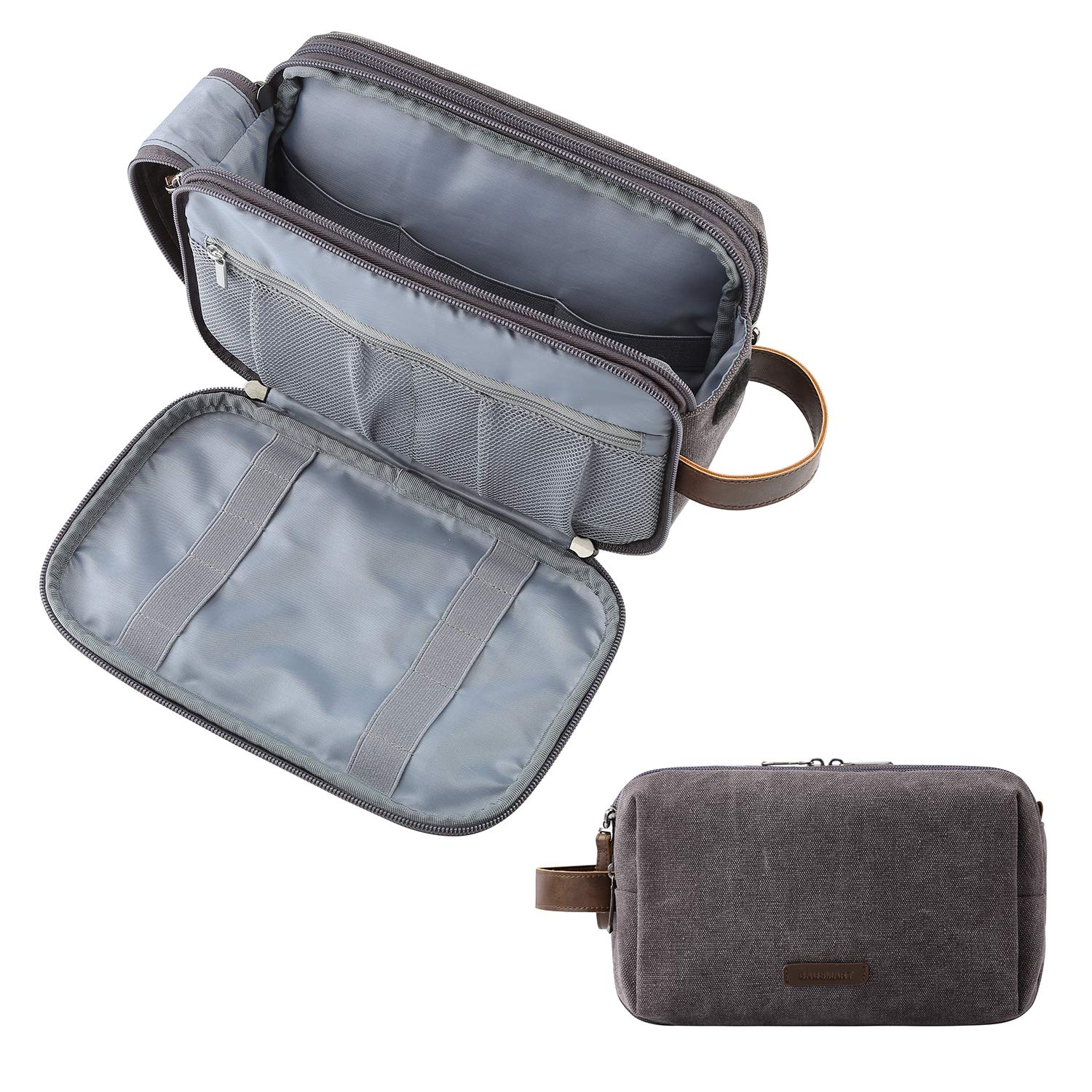 BAGSMART Mens Wash Bag Travel Toiletry Bag Makeup Shower Shaving Organiser for Bathroom Camping Gym - Water Resistant & Wet Dry Seperate, Grey Canvas