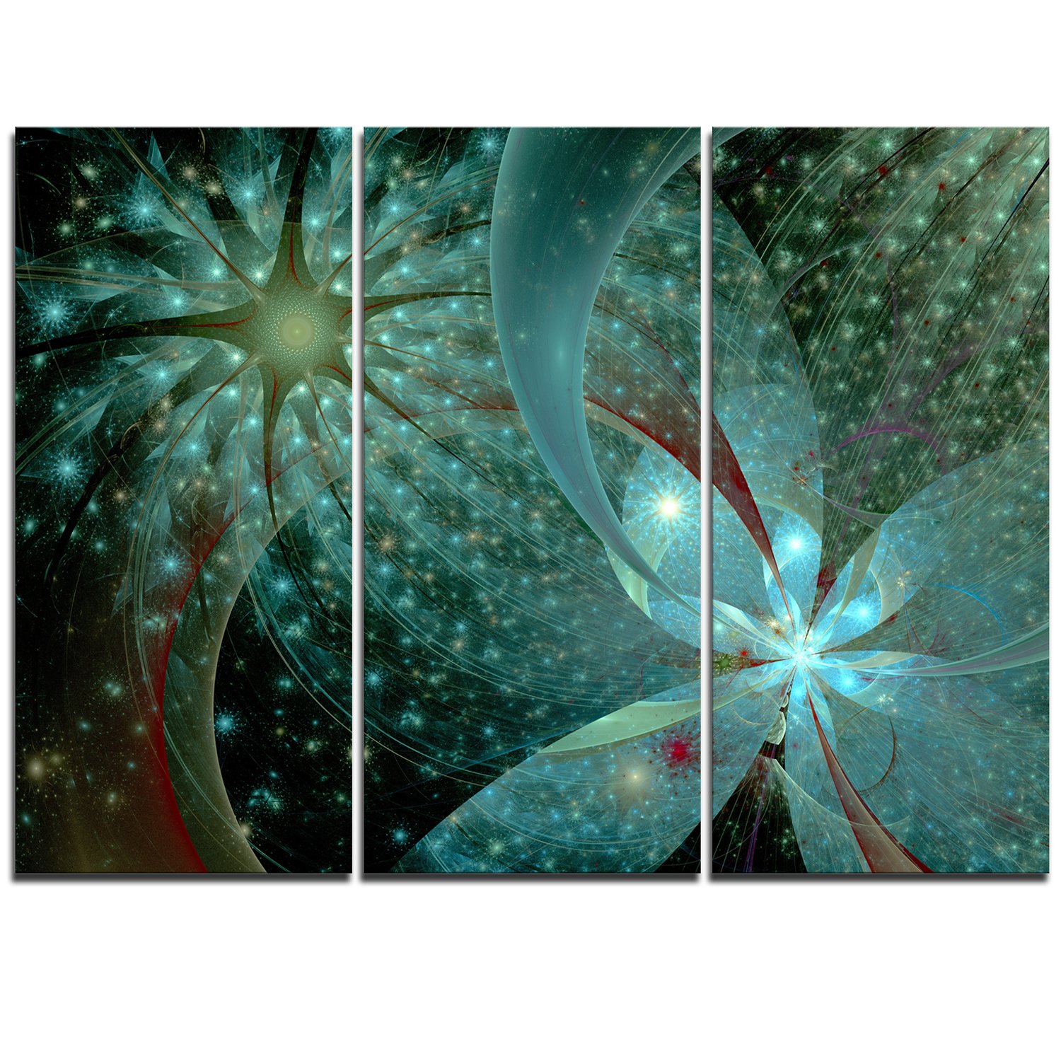 Photo 1 of Designart MT11998-3P Symmetrical Fractal Flower in Light Blue Modern Floral Metal Wall Art (3 Piece), 28'' H x 36'' W x 1'' D 3P, Black