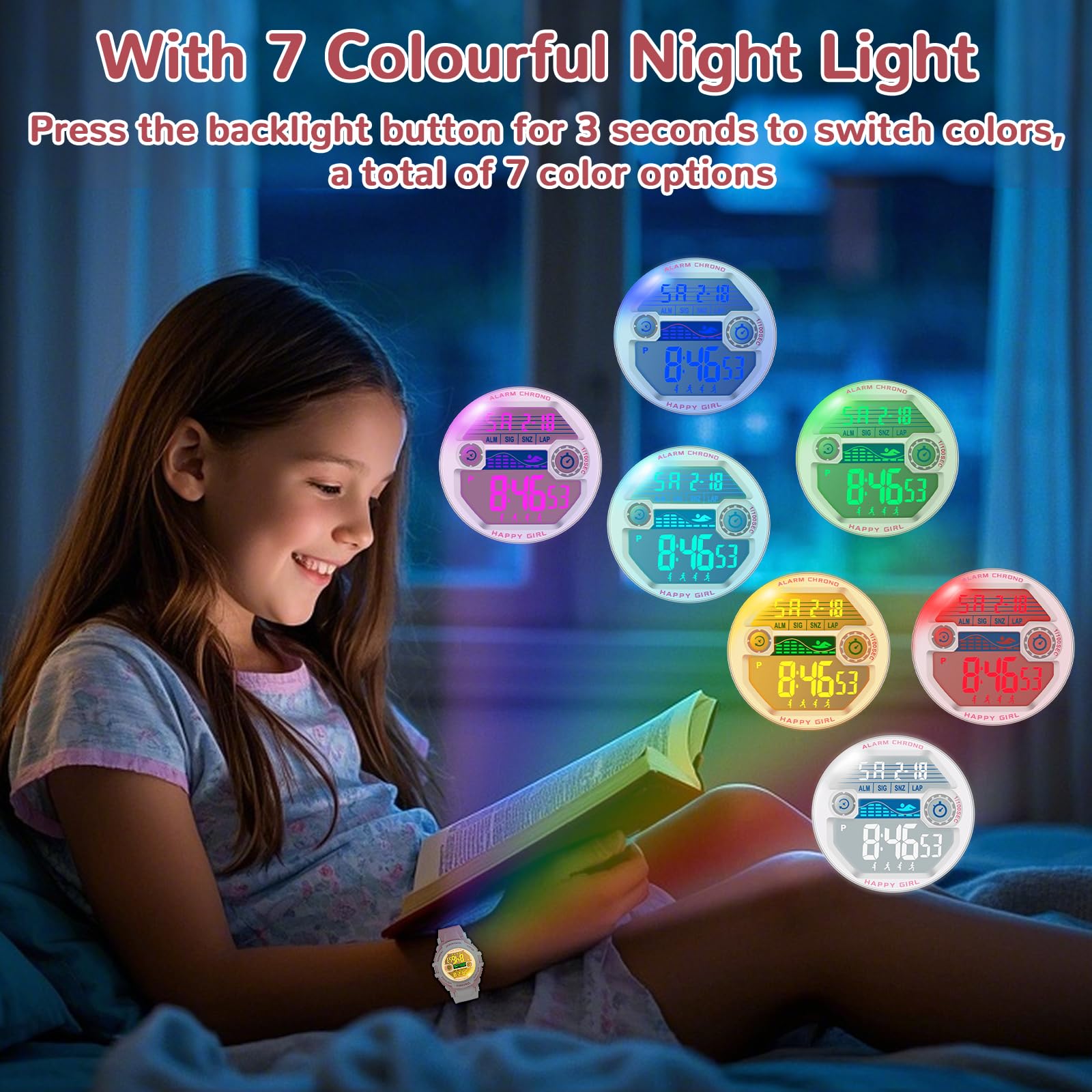 SOCICO Kids Digital Watch for Boys Girls, 50M Waterproof Sports Watch for Kids with 7 Color Backlight, Stopwatch, Alarm, Calendar, 2 Soft Silicone Straps, Great Birthday Christmas Gifts for Teens Aged 5-18