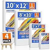 FIXSMITH Stretched Canvas for Painting, 3"x5", 5"x7", 8"x10", 10"x12", Pack of 4, Pre-Primed Canvases Wood Framed, Blank White Canvas Boards for Acrylic, Oil and Gouache Painting