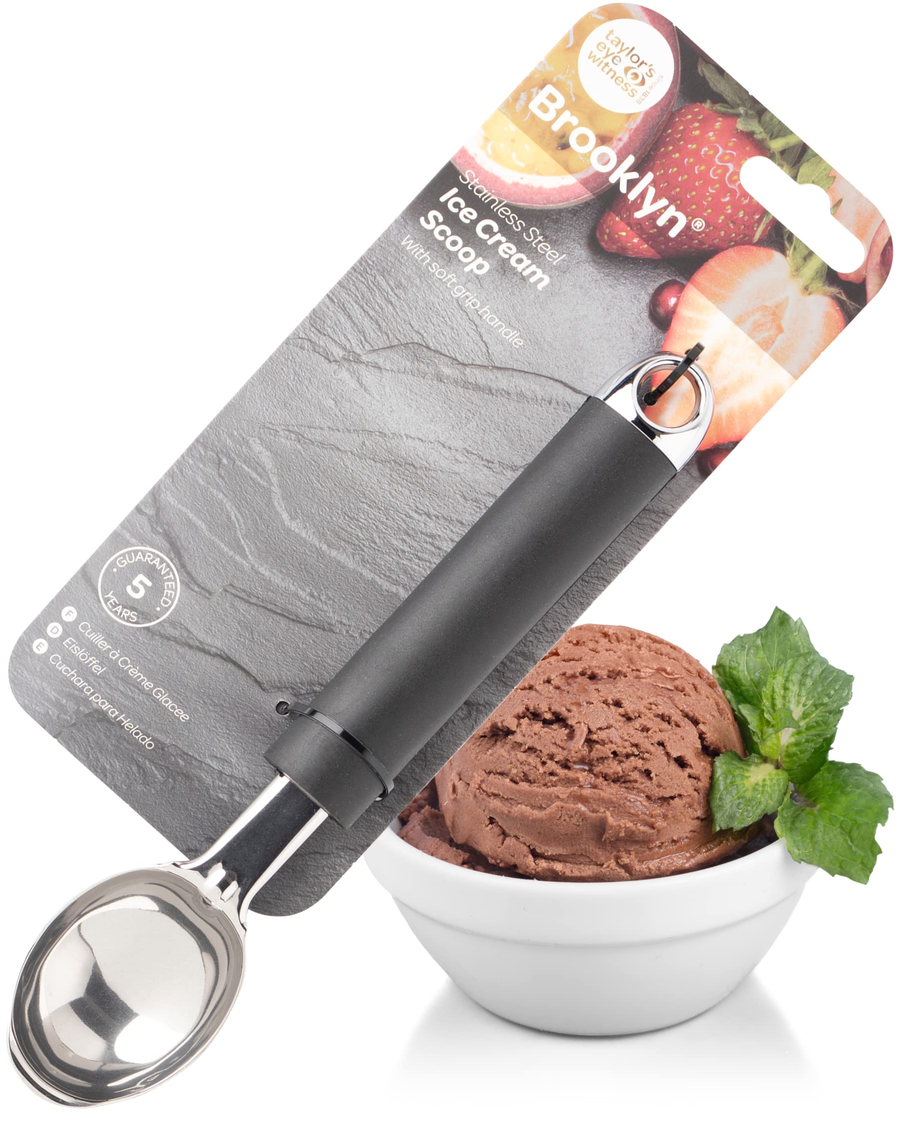 Stainless Steel Ice Cream Scoop - Sturdy Head Scooper & Comfortable Soft Grip Handle. Perfect Dessert Spoon for Ice Cream, Cookie Dough & Other Frozen Treats. 5 Year Guarantee