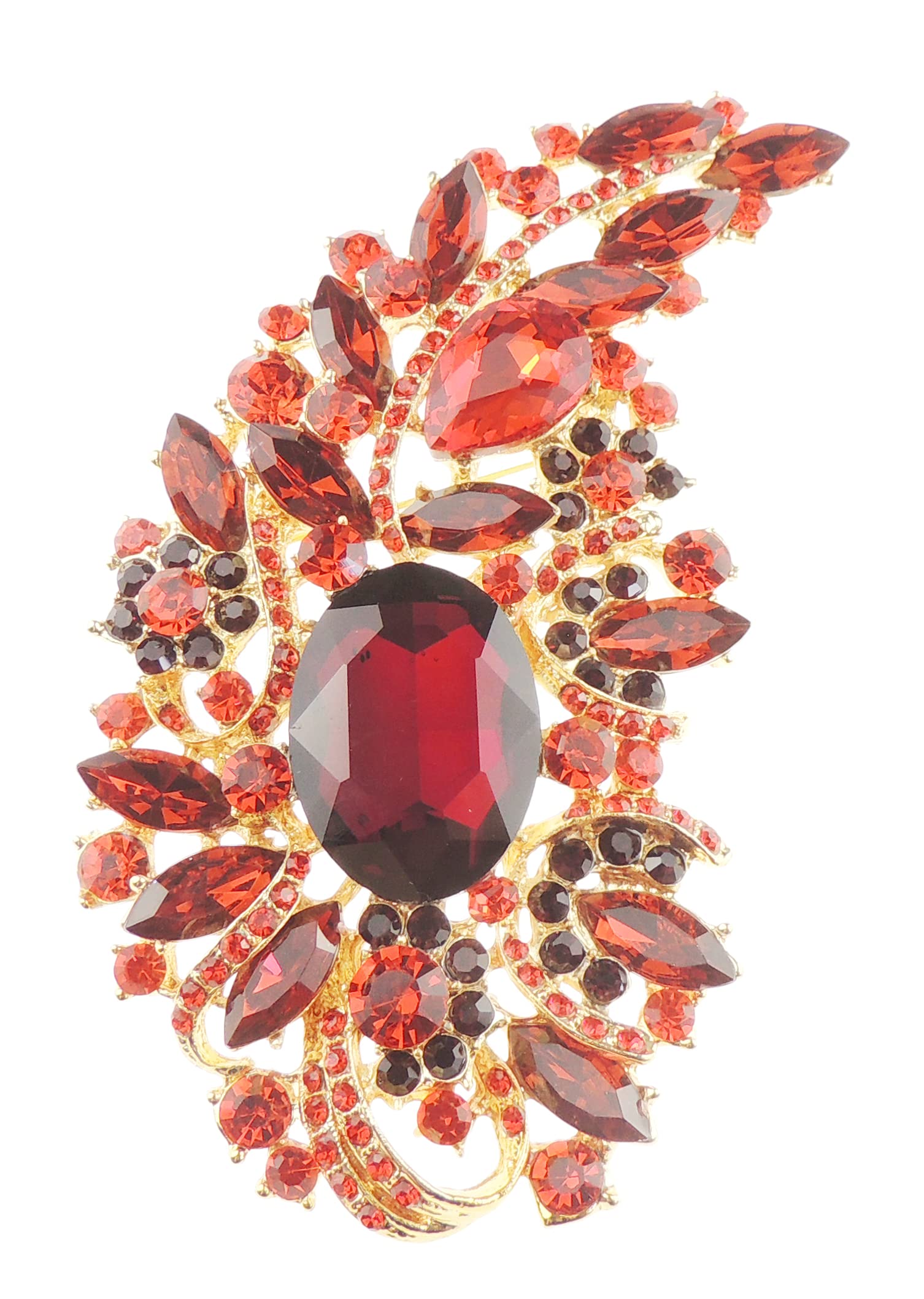 Sparkly Bridal Wedding Christmas Birthday Gift Coat Scarf Coat Jacket Shawl Mother Bride Groom Bride Diamante Crystal Brooch Corsage Pin LARGE Flower Floral Leaves Blossom Bouquet (Red Gold Tone)