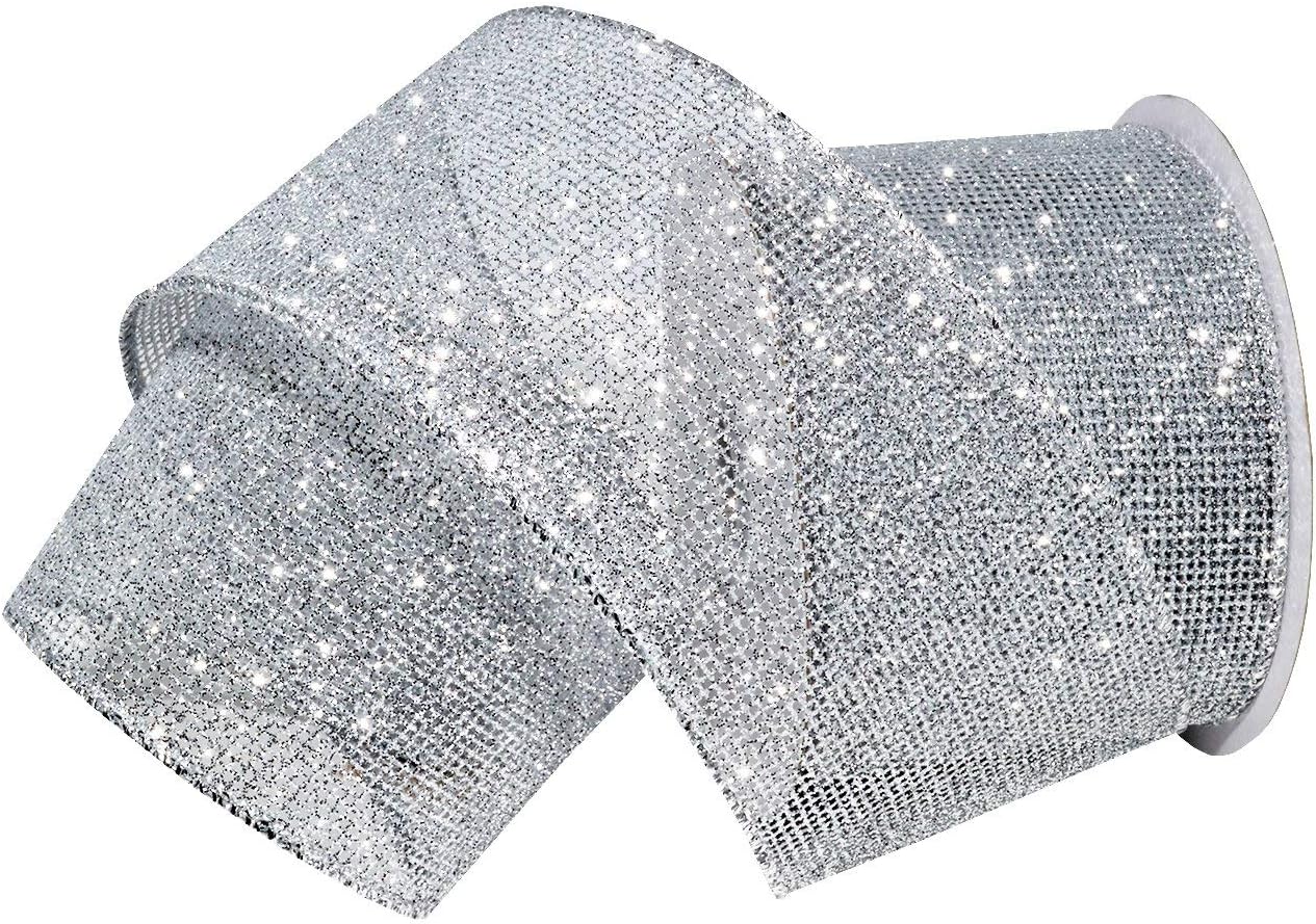 Morex Blaze Shiny Glitter Ribbon, Wired Polyester, 2.5 inch by 10 Yards, Silver