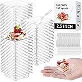 Yihurlm Mini Dessert Plates with Spoons,100 Pack 1 oz 2.4" Mini Appetizer Plates,Reusable Crystal Clear Plastic Square Mini Plates for Desserts Appetizers Sauces Fruit Cake Tastings