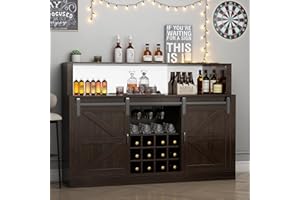 wanan 60" Wine Cabinet, Wine Bar Cabinet with Sliding Barn Door and 12 Wine Racks, Farmhouse Coffee Bar Cabinet with Adjustable Shelf for Dining Room, Living Room