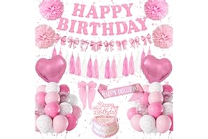 Pink Birthday Decoration, Pink Bow Coquette Party Decorations, Bow Themed Decorations for Girl Women, Happy Birthday Banner, 