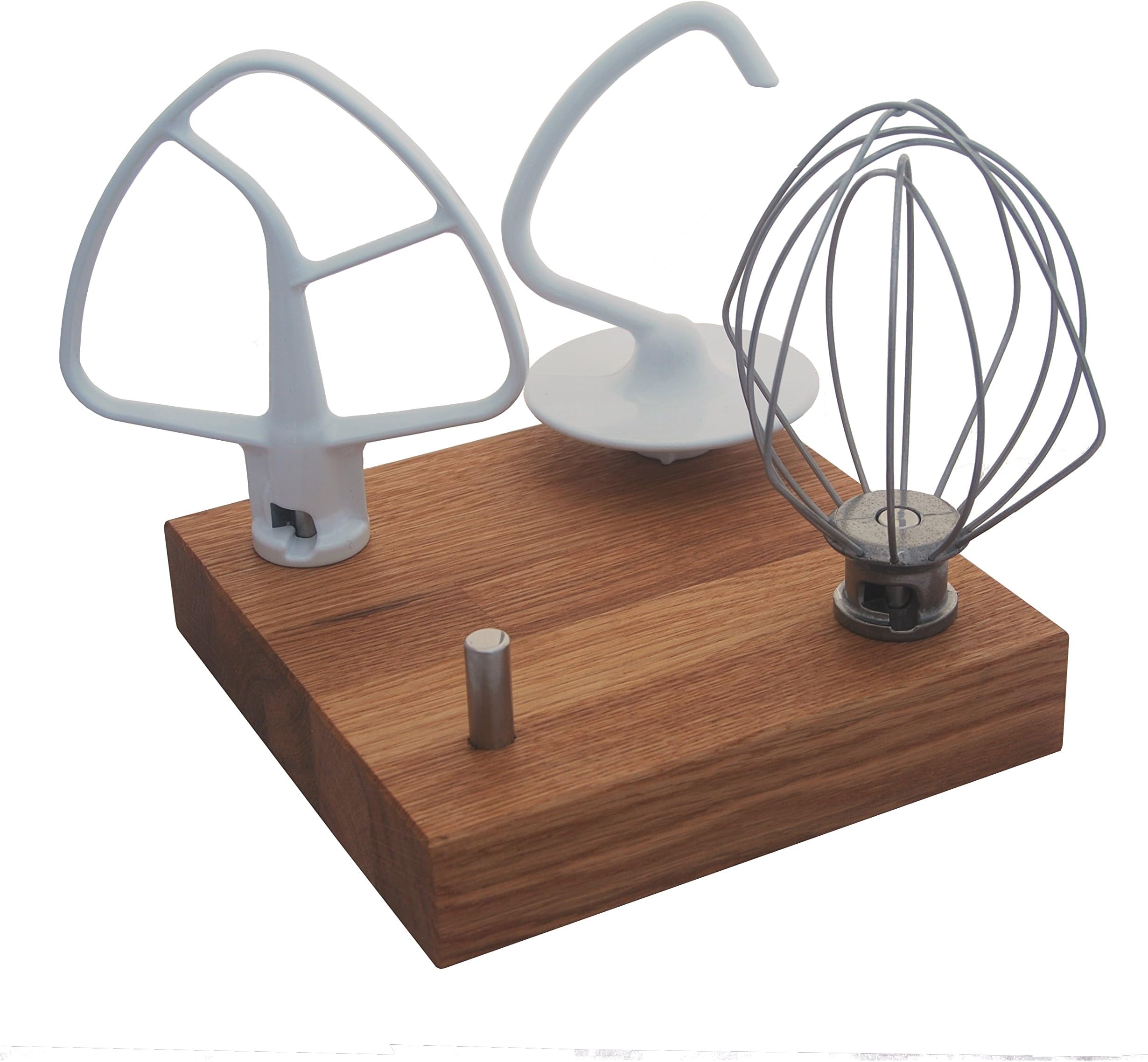 KitchenAid compatible Mixer Attachment Stand Oak, holds 4 basic mixer attachments such as the flat paddle, the dough hook, the wire whisk and the creaming beater (attachments not included)