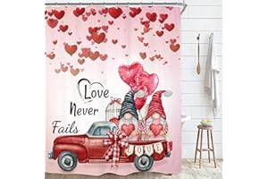 Riyidecor Valentine's Day Gnome Shower Curtain for Bathroom Decor 60Wx72H Love Never Fails Red Truck Hearts Balloon Lovers Couple Romantic Cute Vintage Printed Fabric Polyester Waterproof
