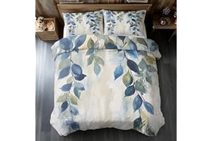 Eucalyptus Leaves Duvet Cover Twin Size, Blue Green Leaves Bedding Set 2 pcs with 1 Pillow Cover, Botanical Plant Leaf Bedroo