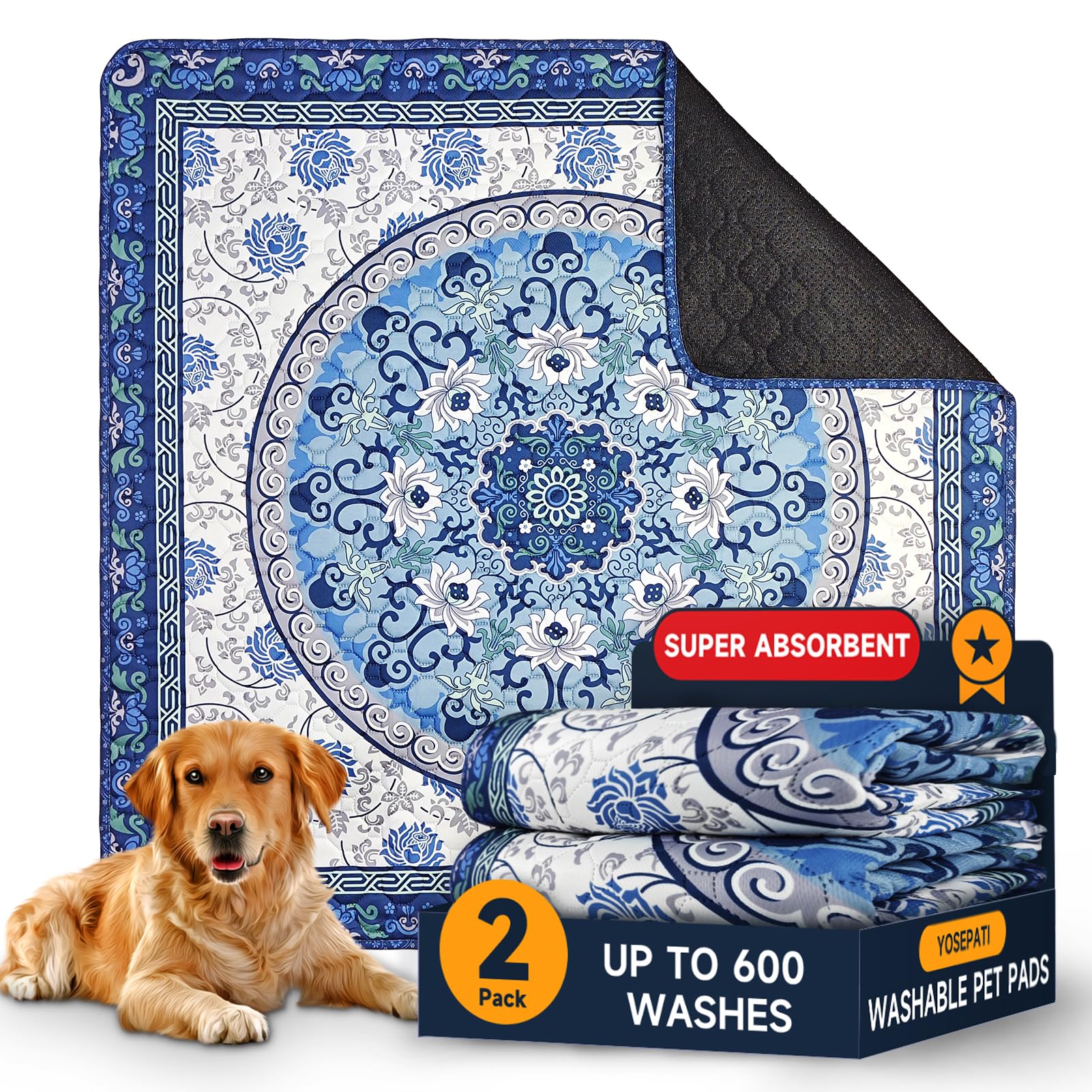 YOSEPATI Washable Pee Pads for Dogs 2 Pack,60x45cm Waterproof Non-Slip Reusable Puppy Pad with Fast Absorbent,Leakproof Whelping Pads for Pet Housebreaking (Indigo Blue Medallion, 60x45cm(Pack of 2))