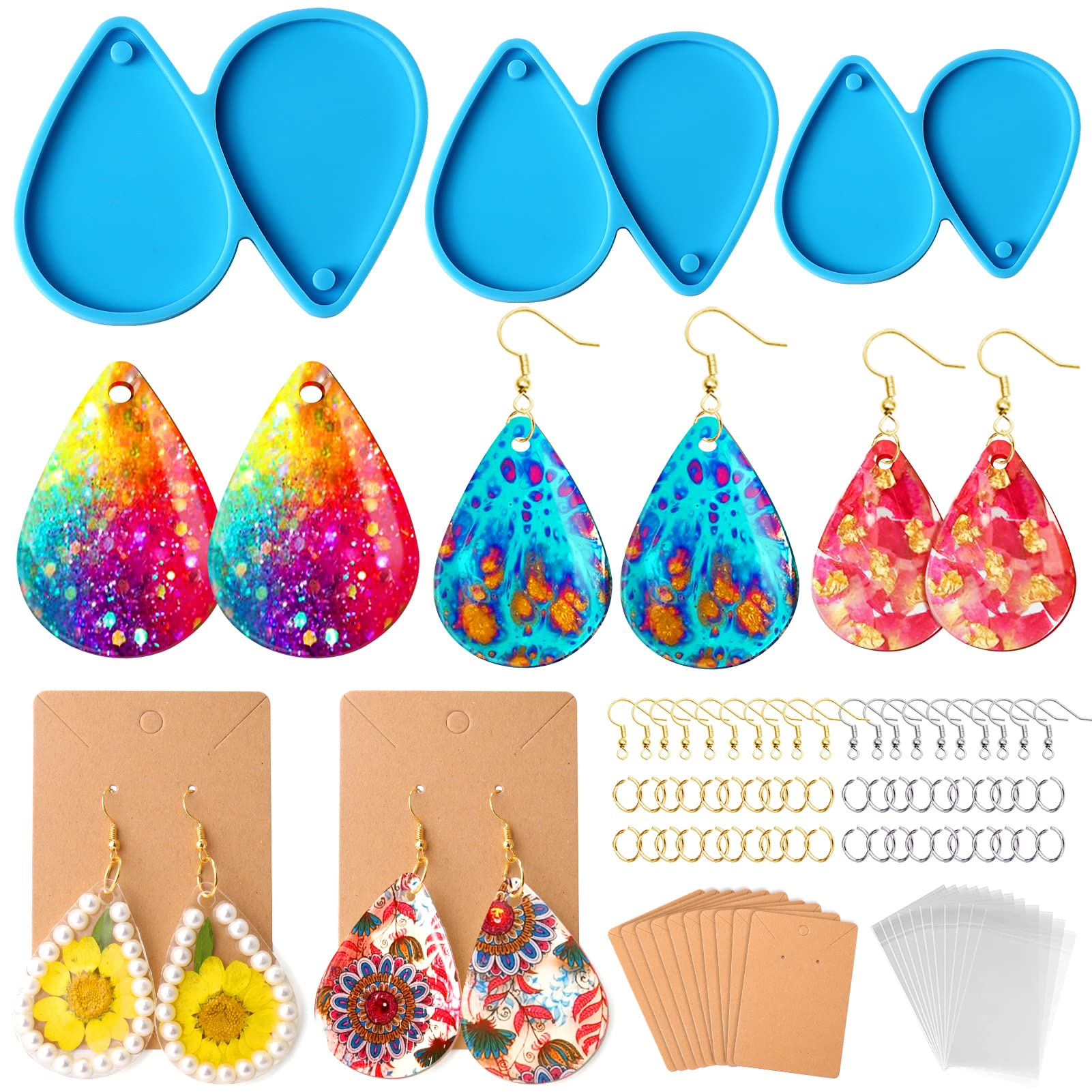BABORUI Resin Molds Earring, 113Pcs Tear Drop Shape Resin Jewelry Molds, Silicone Earring Molds for Epoxy Resin Casting with Earring Cards for Jewelry, Pendant, Keychain
