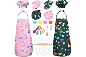 FUNSLANE Kids Cooking and Baking Chef Set, 2 Pcs Apron (Pink Green) Chef Hat Accessories Complete Cooking Set, Dress Up Pretend Play Career Role Play Costume Toys Thanksgiving for Boys Girls