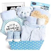 iAOVUEBY Baby Boy Gifts, Baby Shower Gifts - Newborn Bear Toys Rattle Blanket Infant Shoes Onesie Wooden Keepsake Babies Registry Gift Essentials Basket, Unique New Baby Gift Set for Boys 0+ Months