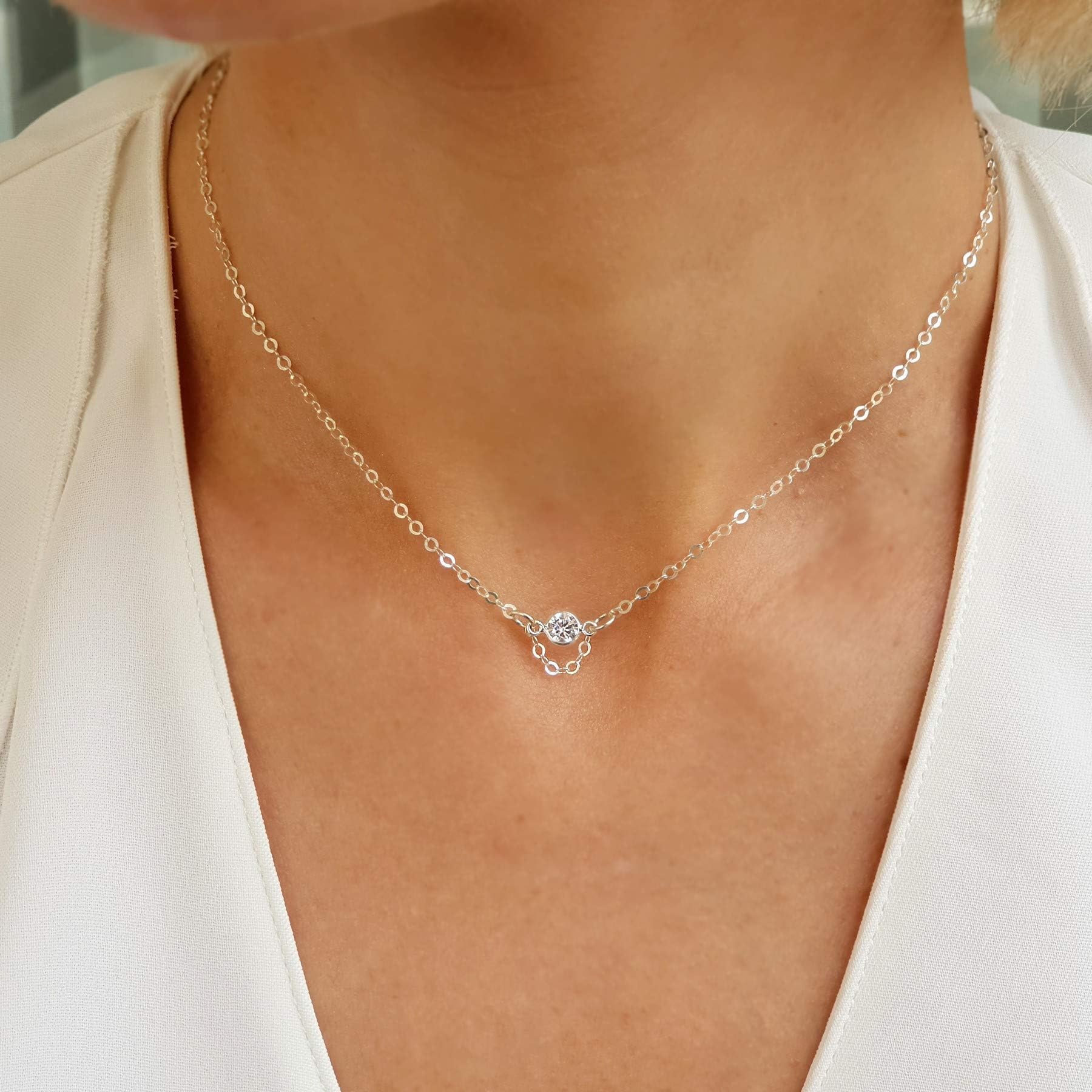 Sparkling CZ Choker Necklace, Sterling Silver Necklace, Minimalist Jewelry, Tiny Diamond Choker, Solitaire necklace, Alternative Gift For Her