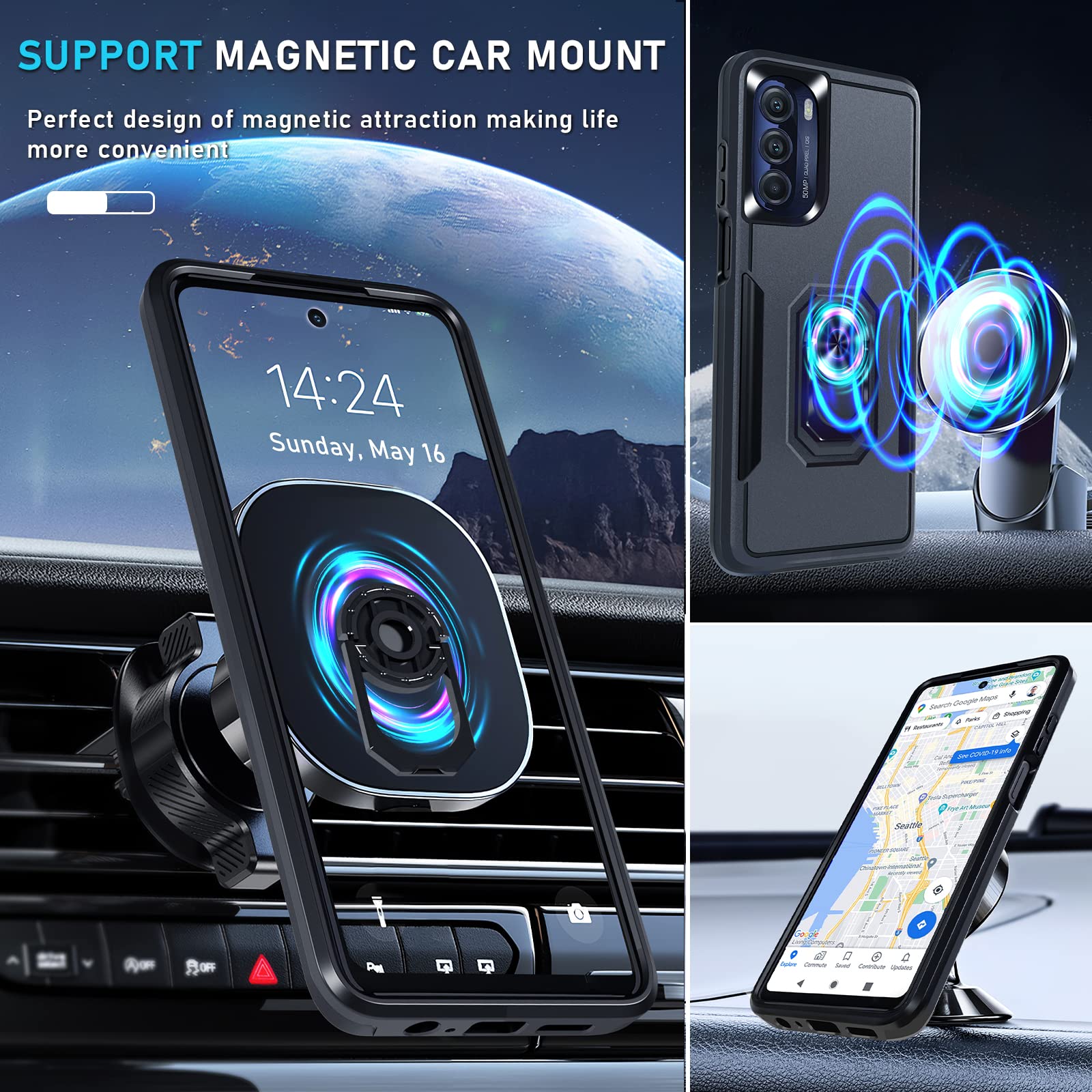 Janmitta Motorola Moto G 5G 2022 Case with Screen Protector[2 Pack], Heavy Duty Shockproof Full Body Protective Phone Cover,Built in Rotatable Magnetic Ring Holder Kickstand,Black Matte