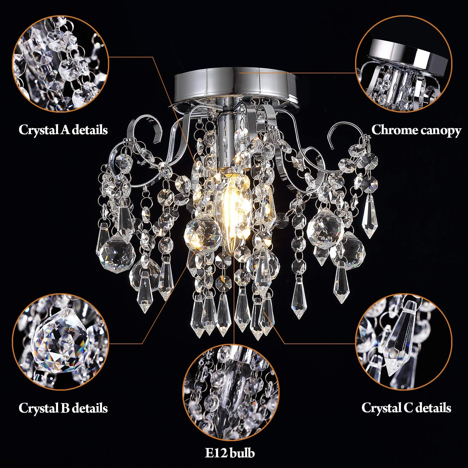 Q&S Mini Crystal Chandelier, Small Chandelier Ceiling Lights, Modern Chrome Flush Mount Ceiling Light Fixture for Hallway, Entryway, Bedroom, Foyer, Bathroom, Kitchen, W9.5",1 Light E12.: Home Improvement