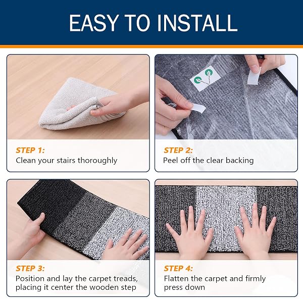 OLANLY STAIR TREADS NON SLIP 4PCS, 8″ X 30″ INDOOR STAIR RUNNERS FOR WOODEN STEPS, EDGING STAIR RUGS WITH REUSABLE PEEL AND STICK ADHESIVE FOR KIDS ELDERS AND PETS, BLACK